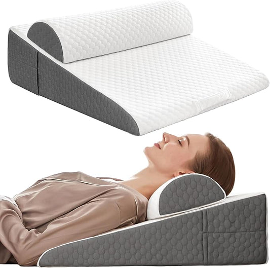7.5" Bed Wedge Pillow for Sleeping with Headrest, Wedge Pillow Set for After Surgery Acid Reflux Back Pain Relief, Snoring & Gerd Memory Foam Triangle Incline Headboard Wedge Pillows