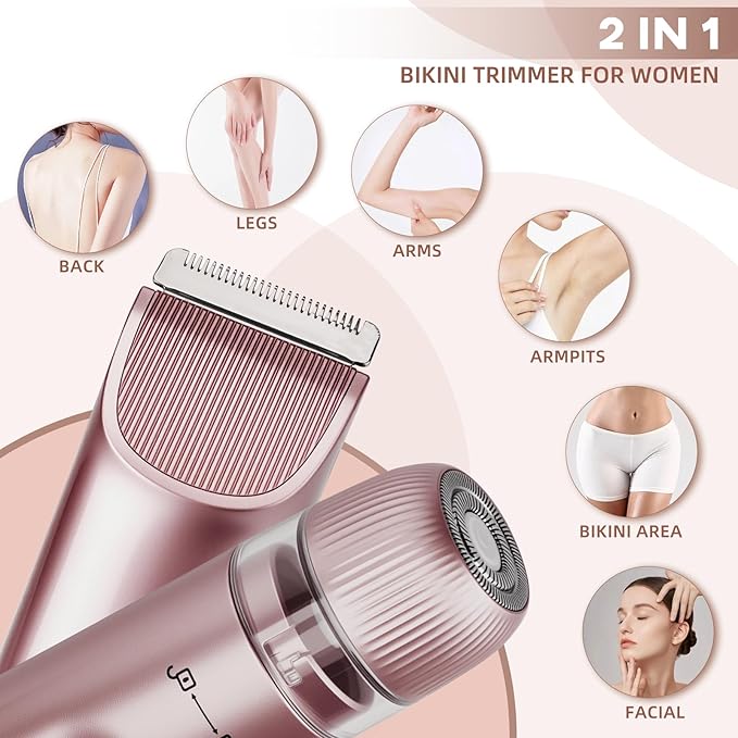 Bikini Trimmer for Women,Dual Head Shaver, IPX7 Waterproof, Compact Travel Design Bikini Shaver for Public Hair, Facial and Body(Pink)