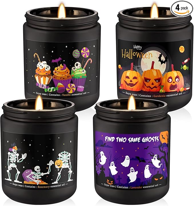 Halloween Scented Candle Set, 4-Pack 7oz Soy Wax Candles with 4 Fragrances, Long-Lasting Burning for Halloween, Christmas, Home Decor, Rituals & Themed Parties.