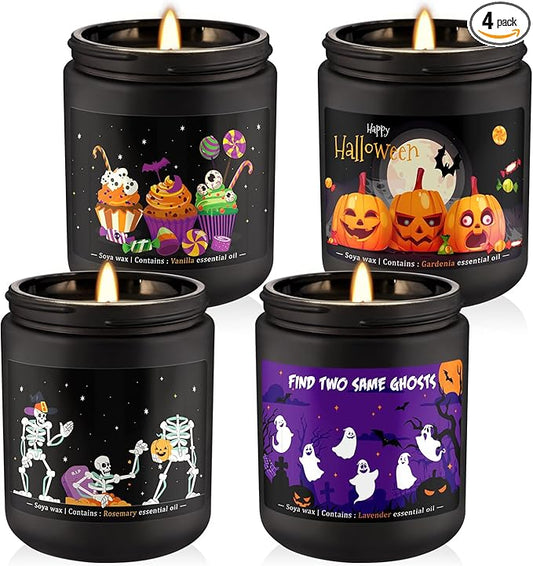 4 Pack Black Halloween Scented Candles -7oz Soy Wax Candles with Essential Oils (Rosemary, Vanilla, Gardenia, Lavender)
