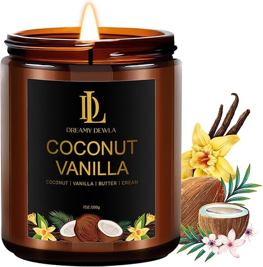 Coconut Vanilla Candles, 7oz Vanilla Coconut Scented Candle, Natural Soy Candles for Home Scented, Long Lasting with 50 Hour Burn Time, Gifts for Men Women