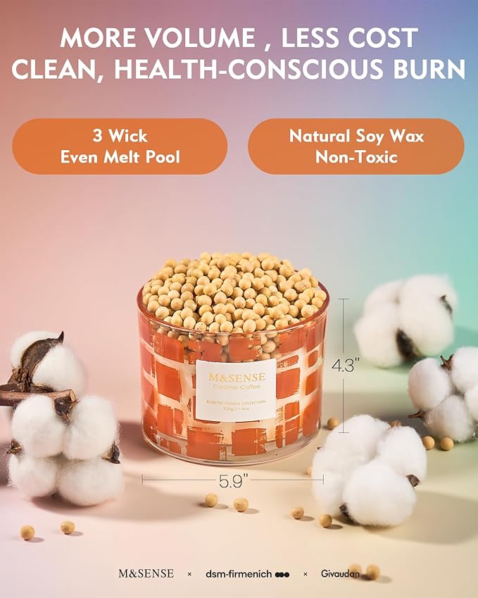 M&SENSE 3 Wick Caramel Coffee Scented, 11.6oz 60H Slow Burn, Soy Organic Wax Non Toxic Long Lasting, Jar Candle for Coffee Lover, Relaxing Aromatherapy Gifts for Women