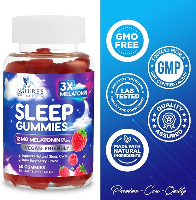 Sleep Gummies for Adults Extra Strength - 12 mg Melatonin Sleep Gummy Supplement, Melatonin Gummy for Occasional Sleep Support Supplement, Vegan, Non-GMO, Gluten Free, Gomitas para Dormir, 60 Gummies