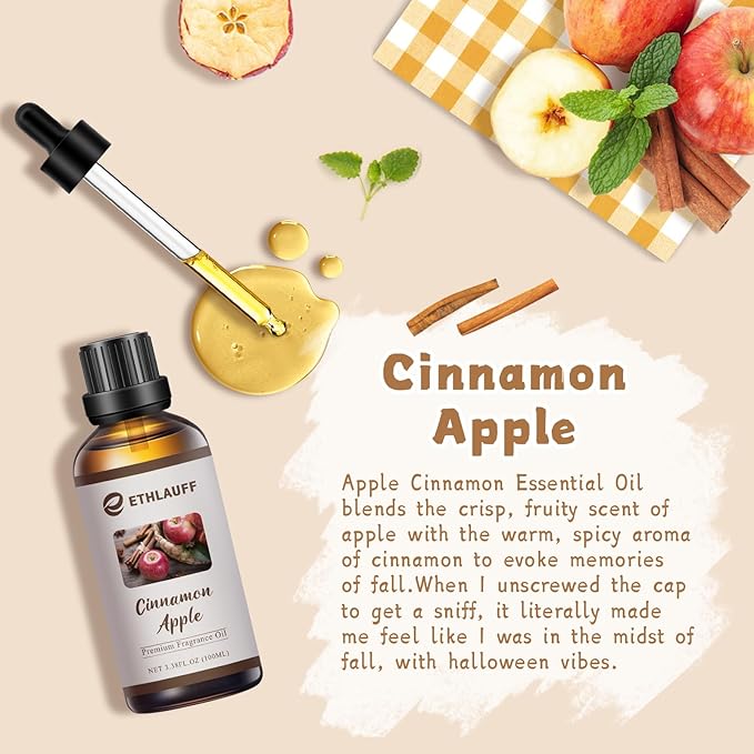 Cinnamon Apple Essential Oil, 100ml Fall Essential Oil for Diffusers for Home,Candle Scented Oils for Soap Making, Bath Bombs, Massage -3.38FL.OZ