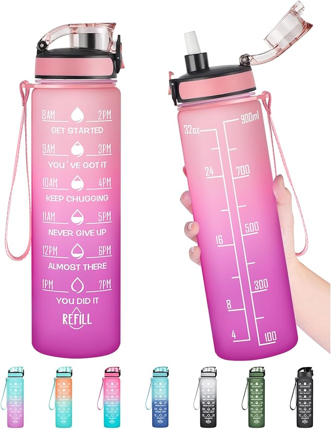 Enerbone Water Bottle, Leakproof BPA & Toxic Free, Motivational Water Bottle with Times to Drink and Straw, Fitness Sports Water Bottle with Strap for Office, Gym, Outdoor Sports