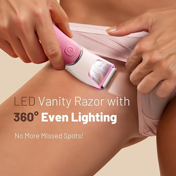 Bikini Trimmer for Women: Pubic Hair Razor with Mirror & LED Light, Electric Shaver with Ceramic Blades & Travel Lock - Body Groomer IPX7 Waterproof Use for Legs/Arm/Underarm - Red