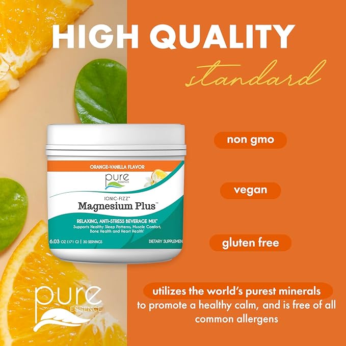 Pure Essence Labs Ionic Fizz Magnesium Plus, Anti-Stress Supplement Drink Powder, Gluten Free and Non-GMO Magnesium Powder (Orange Vanilla, 6.03 Ounce (Pack of 1))