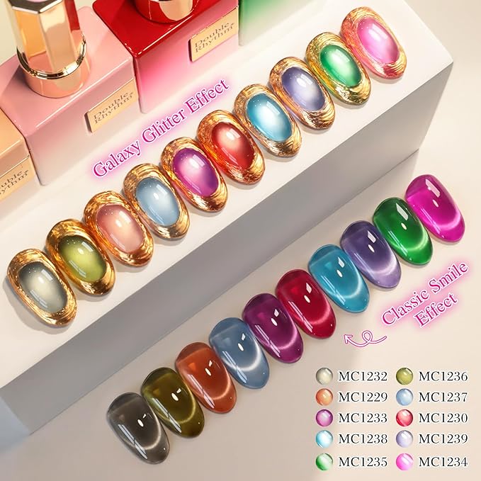 Double Rhythm 28Pcs 0.5Oz Glass Cat Eye Gel Nail Polish Set Same Color Same Bottle Soak Off Magnetic Jelly Gel Polish Kit Nail Art Manicure Salon DIY at Home (Nude Pink Blue Green-T24-10)