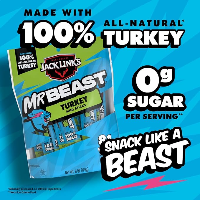 Jack Link’s x MrBeast Turkey Mini Sticks – 8g Protein per Serving, Individually Wrapped Meat Sticks, Made with 100% All Natural Turkey, Zero Sugar, Pantry-Ready, Kids Snacks, 0.5oz (12 Count)