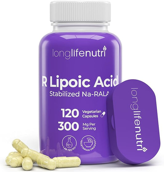 LongLifeNutri Stabilized R-Alpha Lipoic Acid 300mg – High Potency Na-RALA Supplement for Cellular Energy & Metabollic Function, 120 Vegetarian Capsules, 4-Month Supply, GMP Certified, Made in USA