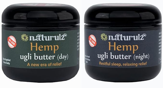 Naturulz Ugli butter Daytime & Nighttime Hemp Bundle (2) 4 ounce Topicals-with Arnica, Capsicum, Devil's Claw and Lavender. Active Muscle & Joint, Restful Night Bundle