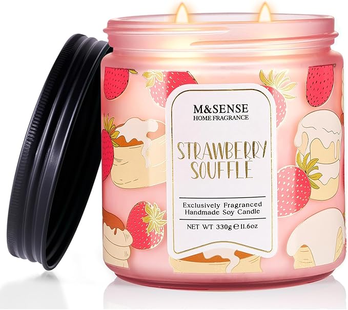 M&SENSE Strawberry Souffle Scented Candle, 11.6oz Natural Soy Wax Non Toxic, 2 Wick Jar Candle, Up to 70 Hours Clean Burn, Gifts for her to Creat a Sweet Ambiance