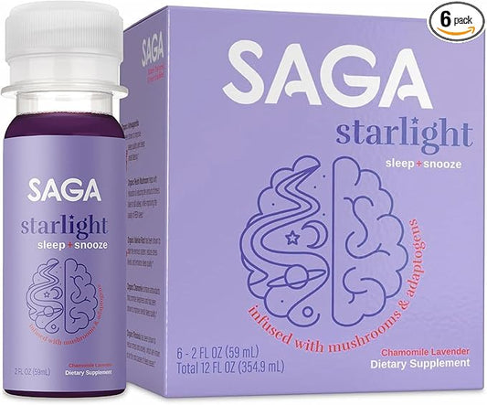 SAGA Starlight Organic Sleep Shots – 2oz Natural Sleep Aid with Melatonin, Reishi, Valerian Root, Ashwagandha, Chamomile – Sugar-Free, Zero Calories, Mushroom Drink
