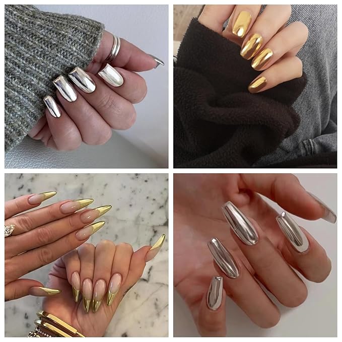 Gold Silver Chrome Nail Powder, Mirror Metallic Gel Chrome Powder Pigment for Nail Art Decoration
