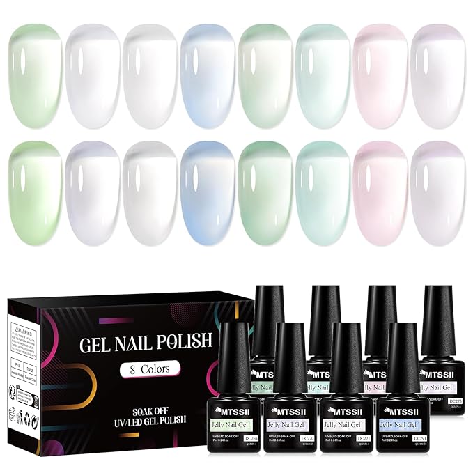 MTSSII Jelly Green White Gel Nail Polish Set, 8 Transparent Colors Sheer Gel Nail Kit for Salon Sage Green Gel Manicure and Nail Art DIY at Home for Girls Women