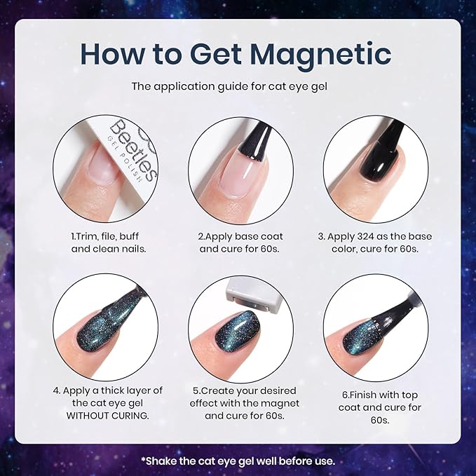 Beetles Cat Eye Gel Polish - Milky Way 6 Colors Gel Polish Set, Black Purple Blue Temperature Changing Glitter Nails, Halloween Galaxy Nails Kit with Magnet Stick Soak Off Uv Lamp Gel