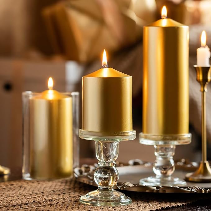 MOZEAL 3" x 8" Hand-Poured Unscented Candles,Large Gold Pillar Candles Set of 2,No Drip,Approx 120 Hours Long Burning,Wedding,Dinner,Christmas and Home Decor（3 Inch Diameter 8 Inch Height）