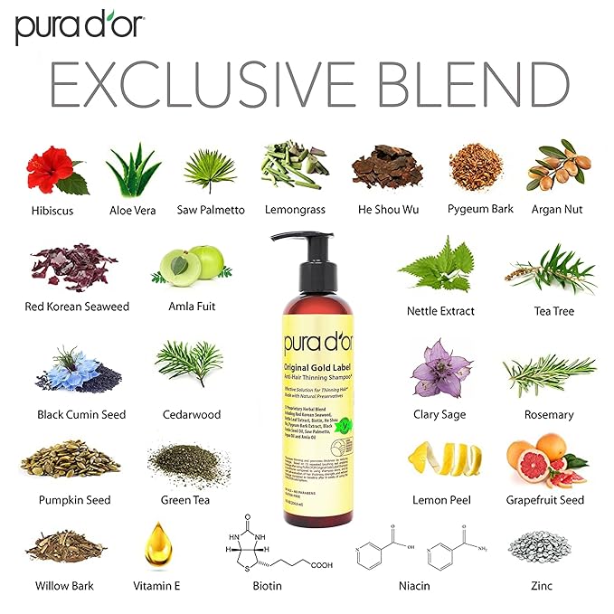 PURA D'OR 8 Oz Original Gold Label Anti-Thinning Biotin Shampoo Natural Earthy Scent, CLINICALLY TESTED Effective Results, Herbal Blend Hair Thickening Products, Women & Men, Color Treated Hair
