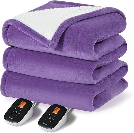 Sunable Heated Electric Blanket - Machine Washable Blanket with Time Settings 10 Heat Settings Queen Size 84×90 inches Purple - Velvet & Sherpa