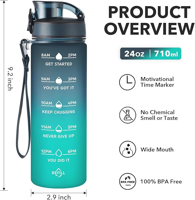 Enerbone Water Bottle, Leakproof BPA & Toxic Free, Motivational Water Bottle with Times to Drink and Straw, Fitness Sports Water Bottle with Strap for Office, Gym, Outdoor Sports