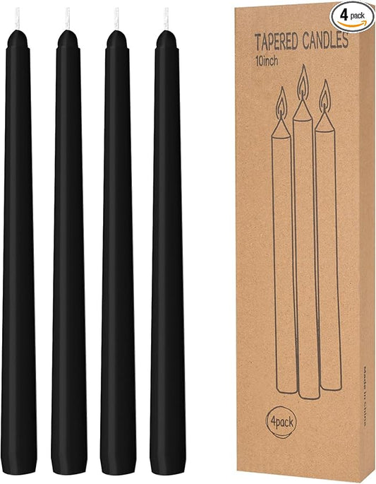 4 Pack Black Taper Candles - Taper Candles 10 Inch Dripless, Smokeless & Unscented - 8 Hours Long Burning - Hand Poured Tall Candlesticks - Ideal for Weddings, Dinner Parties, and Home Decor