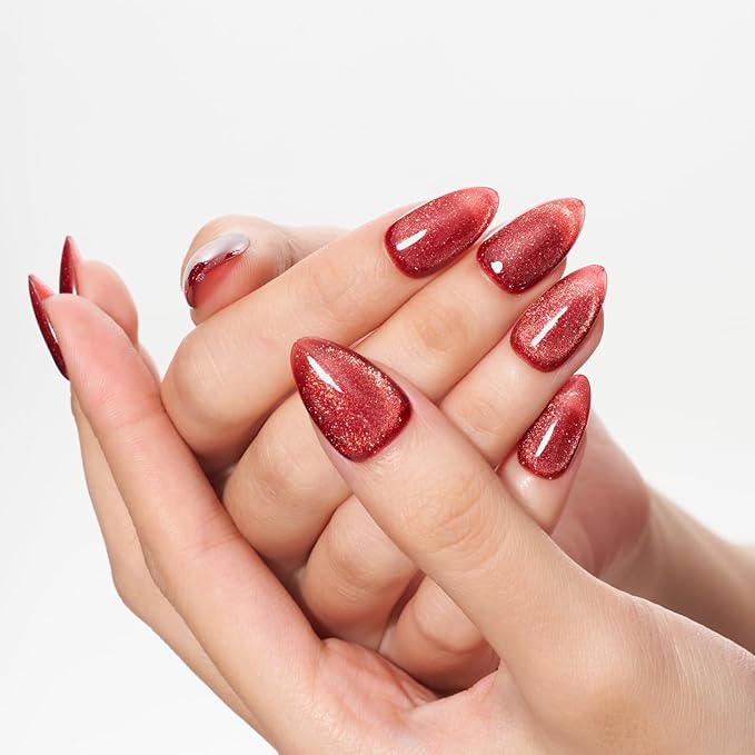 GLAMERMAID Bright Red Magnet Cat Eyes Press on Nails Short Almond, Amber Scarlet Handmade Gel Fake Nail Kit, Ombre Glitter Magnetic Glue on Nail Stiletto, Medium Oval Stick on False Nail Set for Women