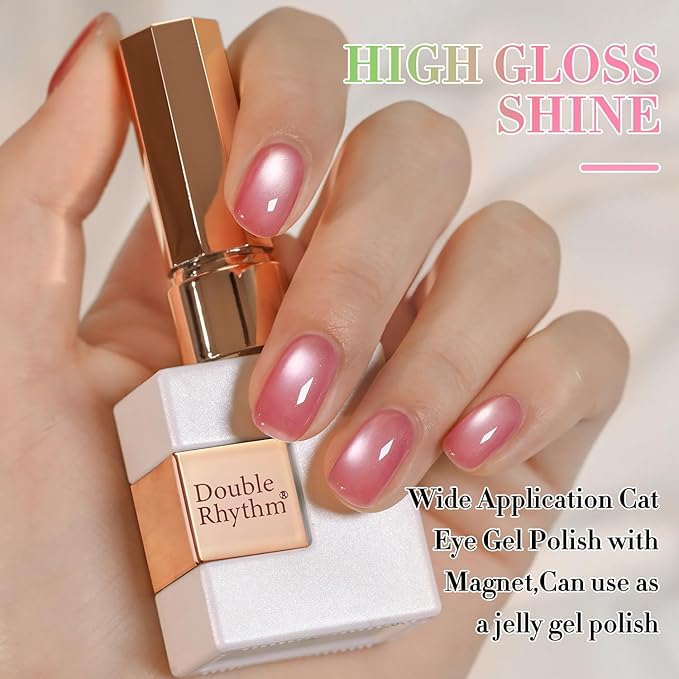Double Rhythm Jelly Glass Cat Eye Gel Polish with Magnet 15ML Holographic Glitter Shimmer Translucent Sheer Color Magnetic Nail Polish Salon DIY at Home (Jelly Pink-MC1105)