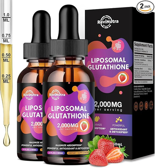 2 Pack Liposomal Glutathione Supplement - 2000mg Glutathione Liquid Drops with Vitamin C, Curcumin & Trans-Resveratrol - Powerful Antioxidant for Immune, Skin Health & Liver Detox - Strawberry