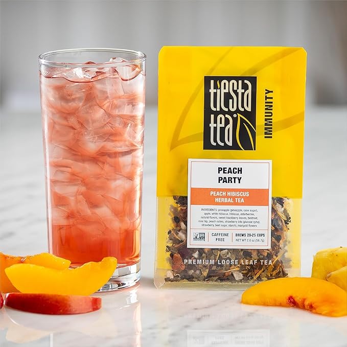 Tiesta Tea - Peach Party, Loose Leaf, Peach Hibiscus Herbal Brew, Premium Blend, Non-Caffeinated Fruit Blend, Makes Hot or Iced & Up to 25 Cups, 2oz Resealable Pouch
