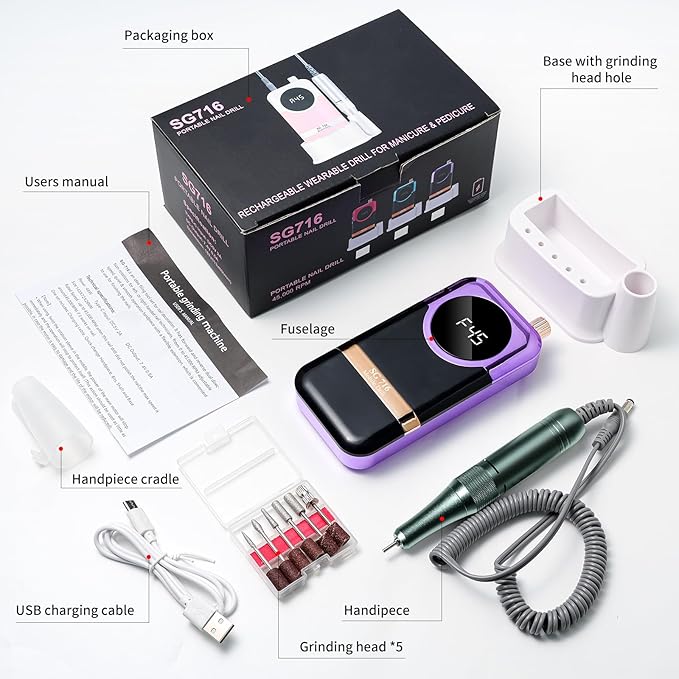 LIMEGIRL Professional Electric Nail Drill Kit 45000RPM Portable Cordless Toenail Cordless Toenail Machine with 14 Drill Bits and Base for Women (Purple)