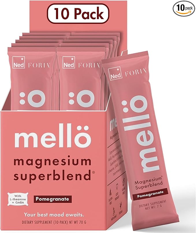 mellö Magnesium Supplement Superblend Powder - Magnesium Glycinate with L-Theanine, GABA, and Trace Minerals - Supports Sleep, Relaxation, and Balanced Energy - Pomegranate Flavor, 10-Pack, Singles