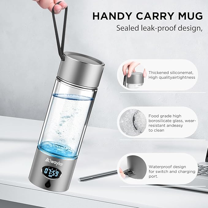 Hydrogen Water Bottle - Portable, Rechargeable, LED Timer,3 Work Mode, Aluminum and Glass,360ML,Hydrogen Water Ionizer Machine with PEM/SPE Technology, Suitable for Office,Home,Gym Outdoor