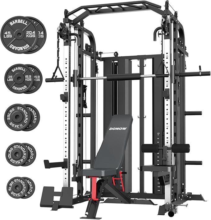 DONOW Smith Machine with Weight Stacks Home Gym Sytem Power Cage Squat Rack Dual Cable Crossover Machine All in One