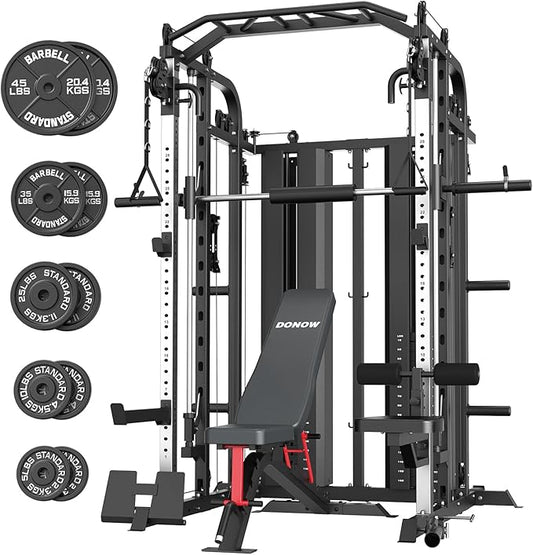 DONOW Smith Machine with Weight Stacks Home Gym Sytem Power Cage Squat Rack Dual Cable Crossover Machine All in One