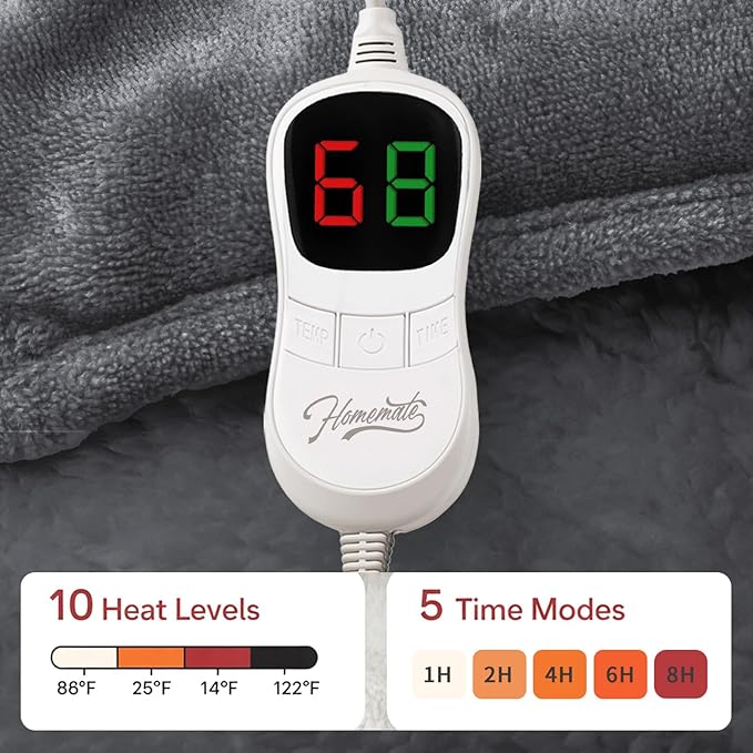 Homemate Heated Weighted Blanket for Adults - 50"x60" 12lbs Electric Throw Fast Heating Heavy Blanket 1/2/4/6/8 Hour Auto Off 10 Heat Levels Over-Heat Protection Comfortable Flannel Sherpa