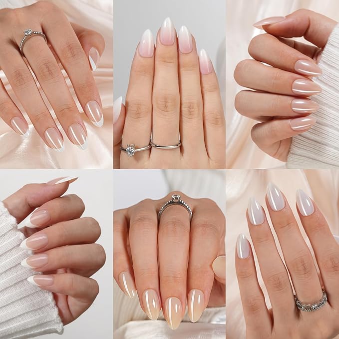 6 Packs Press On Nails Almond, Misssix French Tip Press On Nails Short, Reusable Glue On Nails, Gel Fake Nails for Women, Stick On Nails Kit 15 Sizes-6 styles in total