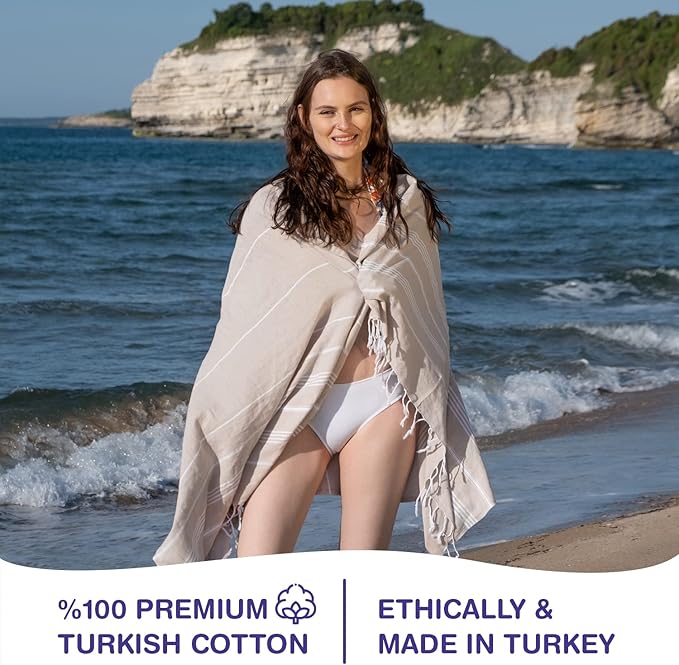 Turkish Beach Towels, Pack of 4 | Oversized, Quick Dry, Sand Free | 100% Cotton, Large 38x71 Towels for Beach, Pool, Travel | Ultra-Soft, Compact, and Absorbent | Beige
