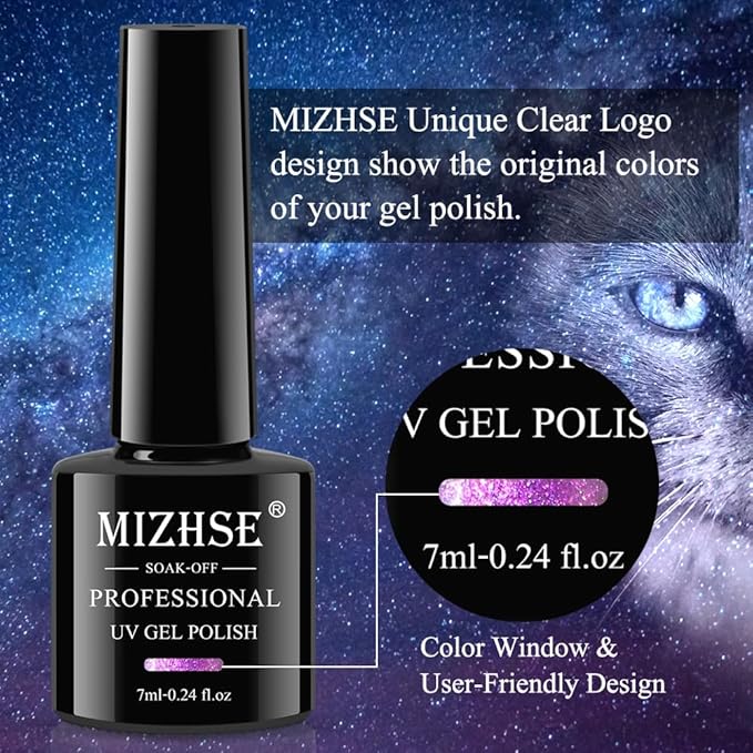 MIZHSE 2 In 1 9D Cat Eye Gel Nail Polish Kit, Upgraded Magnetic Gel Polish Set with Magnet, Shiny Chameleon Magic Galaxy Effect Soak Off Gel Nail Art Gift for Women