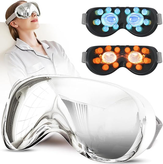 Eye Massager with Heat and Cooling for Migraines – 15 Massage Nodes for Eye Strain Relief, Rechargeable Bluetooth Music, Improve Sleep, Birthday & Holiday Gifts for Women and Men (Sliver)