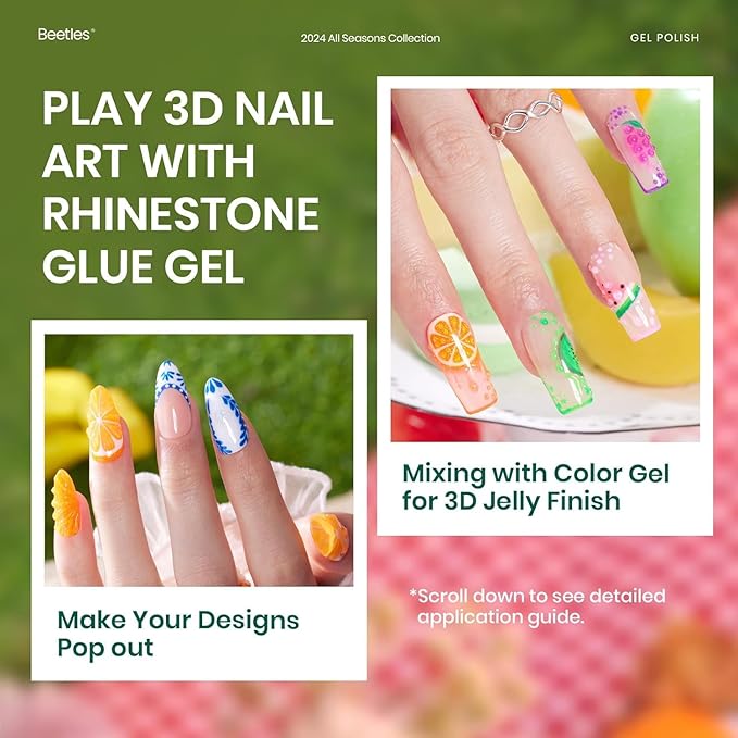 Beetles Gel Nail Polish Set-36 Colors Rainbow Nails Neon Juicy Picnic Party Collection & Rhinestone Gel Nail, 46Pcs Fruit Bubbles Nails Blue Green Pink Color with Top Base Coat Liner Brush