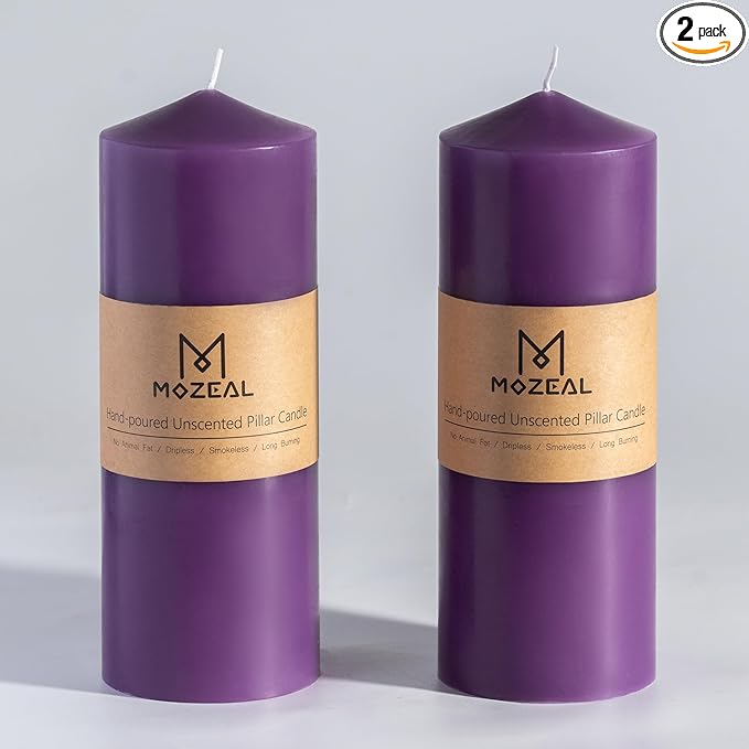 MOZEAL 3" x 8" Hand-Poured Unscented Candles,Large Purple Pillar Candles Set of 2,No Drip,Approx 120 Hours Long Burning,Wedding,Dinner,Christmas and Home Decor（3 Inch Diameter 8 Inch Height）