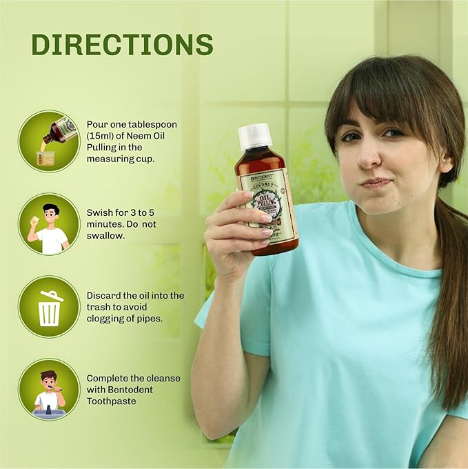 Bentodent Coconut Oil Pulling, Powerful Neem & Mint, Dual Strength of Sesame & Coconut Oil, Oil Pulling rinse for teeth & gums, Zero Sugar & No Alcohol mouthwash for Fresh Breath & Whitening,6 fl. oz.