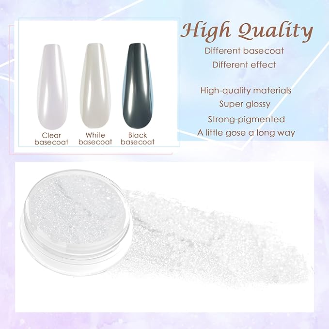 Laza White Chrome Powder Glazed Donut Metallic Effect Pigment Shimmer Mica Iridescent Aurora Glitter Fairy Dust Gel Nail Art Supplies for Techs - Pearlescent White