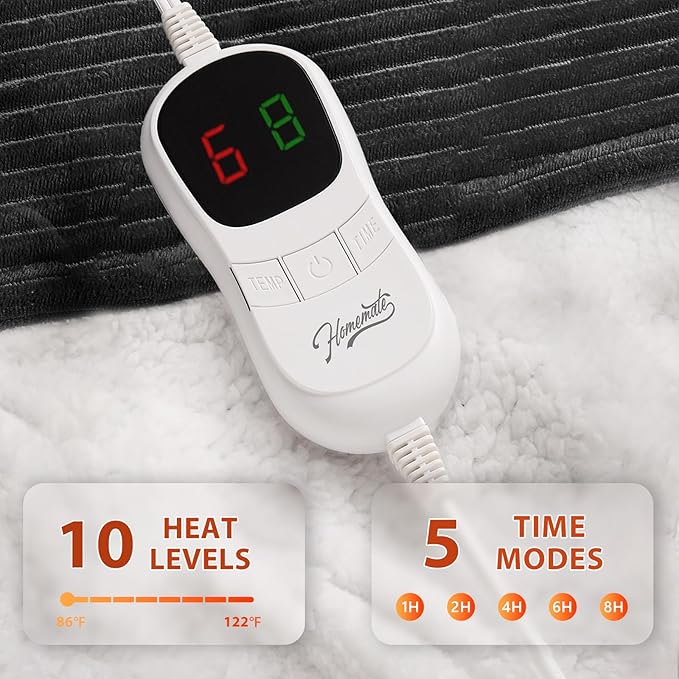 Homemate Heated Blanket Electric Throw - 50"x60" Heating Blanket Throw 1/2/4/6/8 Hours Auto-Off 10 Heat Levels Over-Heat Protection Soft Flannel Sherpa ETL Certification