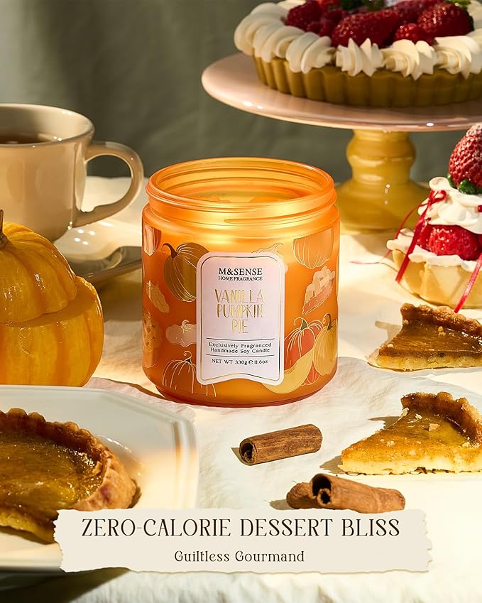 M&SENSE Fall Candles Vanilla Pumpkin Pie Scented, 11.6oz Natural Soy Wax Non Toxic, Double Wick 70 Hours Clean Burn, Warm Spiced Autumn Scent, Seasonal Gifts Home Decor