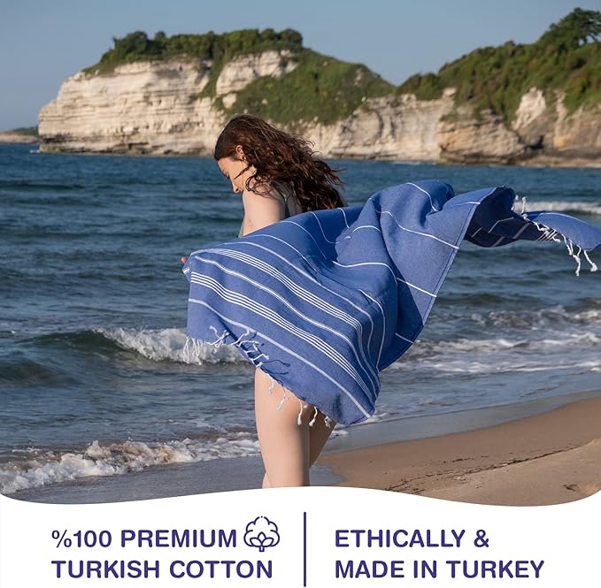 Turkish Beach Towels, Pack of 4 | Oversized, Quick Dry, Sand Free | 100% Cotton, Large 38x71 Towels for Beach, Pool, Travel | Ultra-Soft, Compact, and Absorbent | Blue