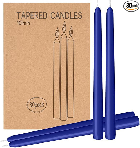 30 Pack Blue Taper Candles - Taper Candles 10 Inch Dripless, Smokeless & Unscented - 8 Hours Long Burning - Ideal for Weddings, Dinner Parties, and Home Decor