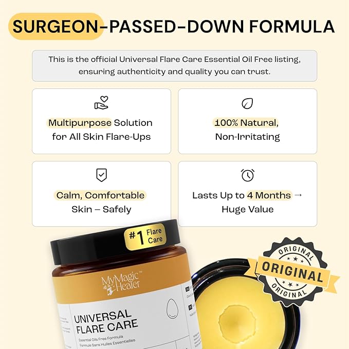 MyMagicHealer Universal Flare Care | Essential Oil Free | Relief for Rashes, Eczema, Psoriasis, Hidradenitis Suppurativa, Impetigo, Dermatitis, Wound Care, Sensitive Skin w/Propolis & Egg Yolk 4 oz