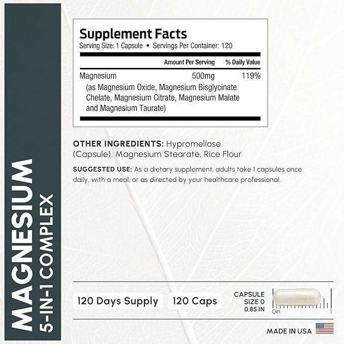 ForestLeaf Magnesium Complex 500mg - 500mg Capsules - Supplement 500 mg - for Sleep, Constipation - Supplement for Women (120 Ct)