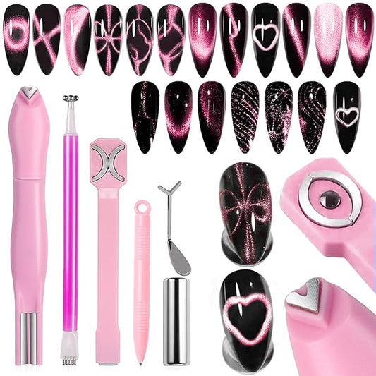 6 Pieces Cat Eye Magnet for Nails Multi-Functional 3-in-1 Nail Magnets Y-Shaped Metal Brackets for Heart Effect Heart Magnet for Nails Flower Cat Eye Magnetic Pen for Cat Eye Gel Nail Polish